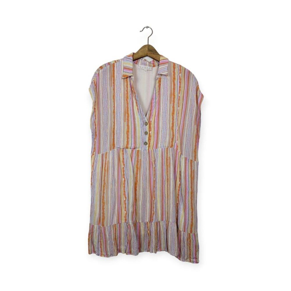 Karlie Pink V-Neck Striped Button Tunic Dress Size M